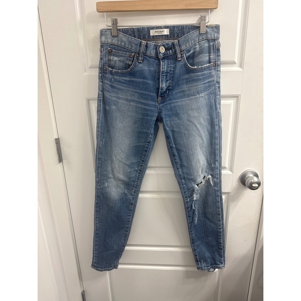 Moussy Vintage Distressed Skinny Jeans Medium Wash Frayed Hem Womens 25